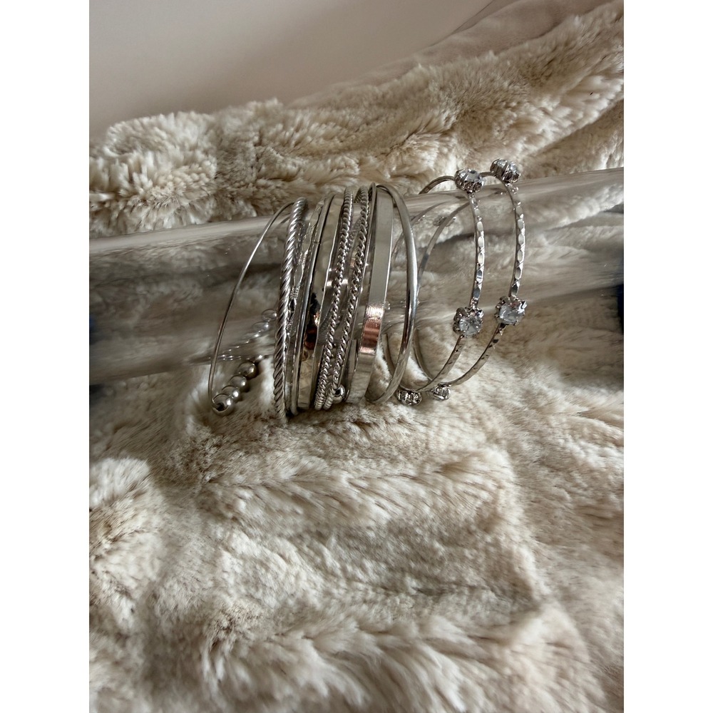 Silver Tone Stackable Bangle Bracelet Set Rhinestone Beaded Twisted Rope 10pc - Picture 2 of 5